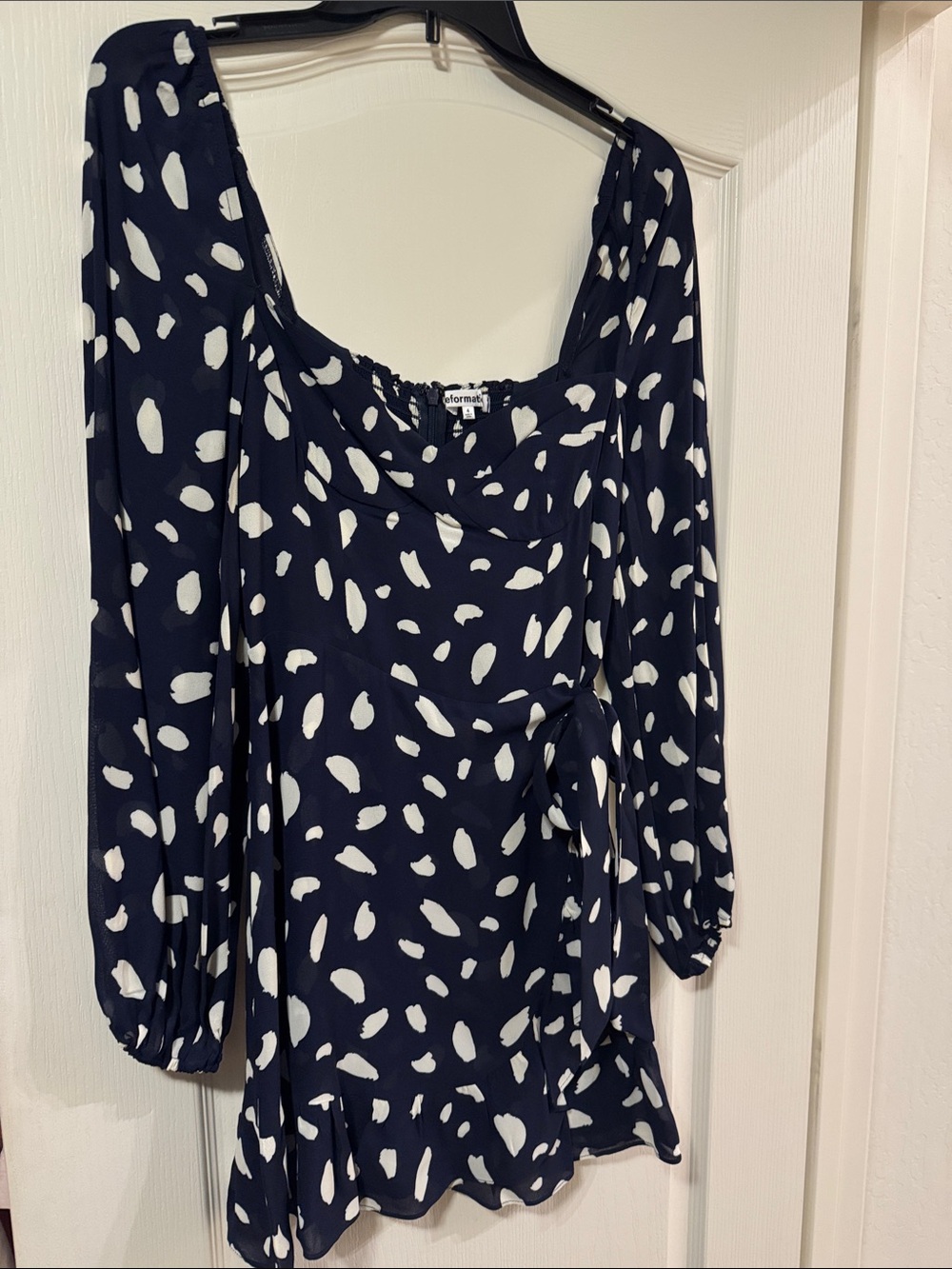 Reformation Cammi Mini Dress in Splatter White and Navy Blue Viscose